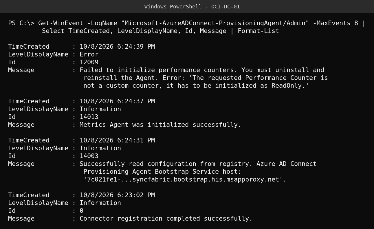 Real PowerShell output from the Microsoft-AzureADConnect-ProvisioningAgent event log showing Event ID 12009, a performance counter initialization failure
