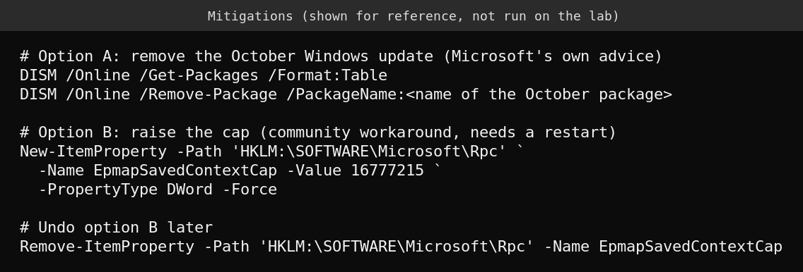 Mitigation commands: DISM package removal and the EpmapSavedContextCap registry value