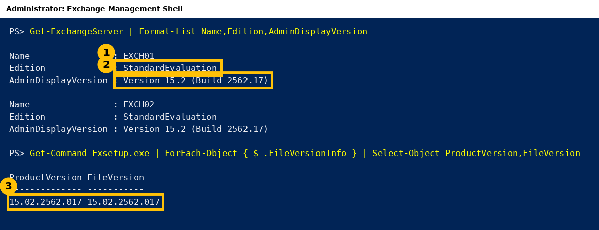 Exchange Management Shell output showing two Exchange servers on build 15.2.2562.17 with StandardEvaluation edition, and Exsetup file version 15.02.2562.017