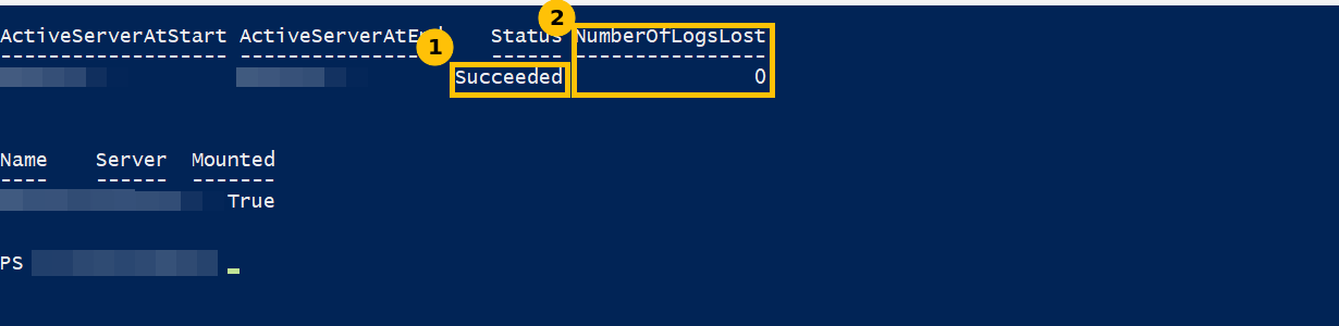 Move-ActiveMailboxDatabase result showing Succeeded and zero logs lost