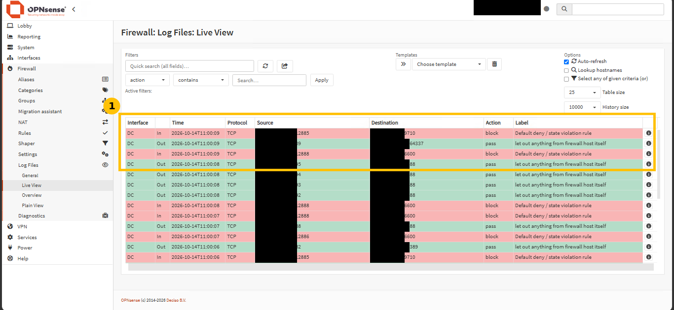 Real OPNsense firewall live log showing repeated red block entries labeled Default deny slash state violation rule, between the two DAG member servers on ports 9710 and 6600, which are Exchange dynamic RPC ports