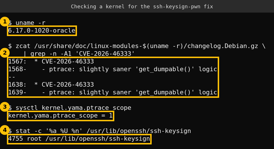 Terminal output showing a running 6.17 Oracle kernel whose changelog lists CVE-2026-46333, ptrace_scope set to 1 and ssh-keysign installed setuid root