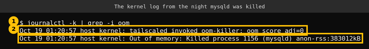 Kernel log showing the out of memory killer ending the mysqld process