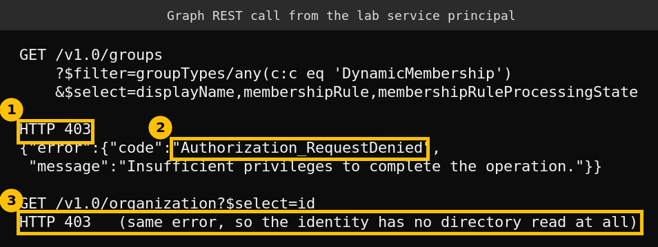 Graph REST call returning HTTP 403 Authorization_RequestDenied from a lab service principal