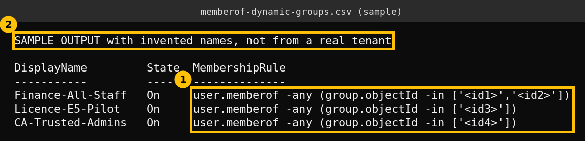 Sample CSV output listing three dynamic groups that use the memberOf operator