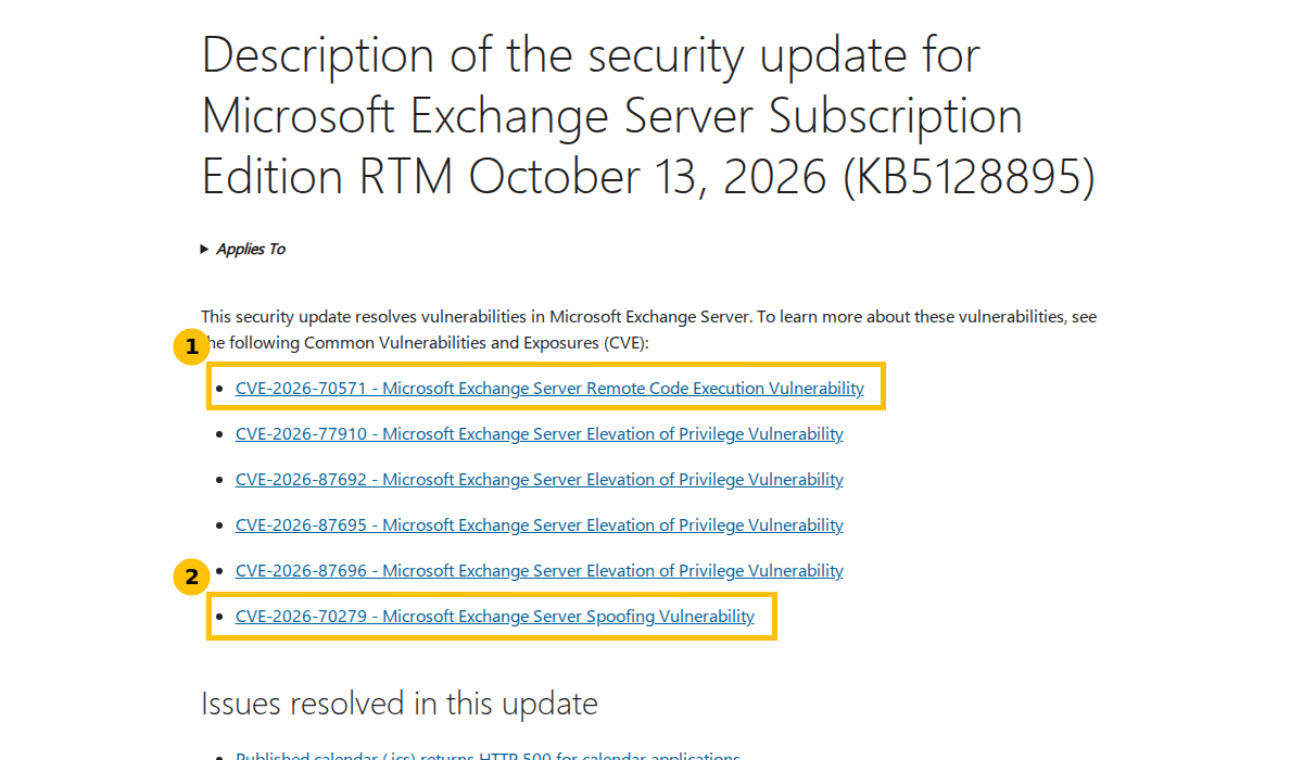 Microsoft Support page for KB5128895 listing six Exchange Server CVEs including a remote code execution and a spoofing vulnerability
