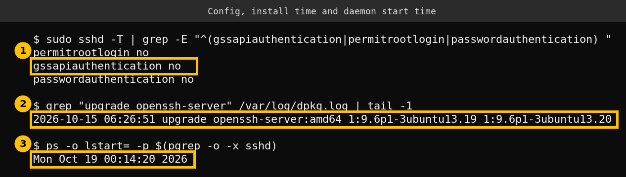 Terminal output showing sshd configuration, the package upgrade time of October 15 and the daemon start time of October 19