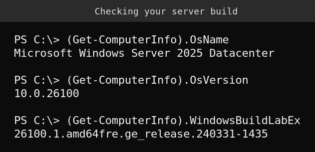 PowerShell Get-ComputerInfo output showing OS name, version, and build on a lab server