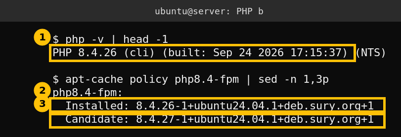 Terminal output showing PHP 8.4.26 installed and 8.4.27 as the candidate version