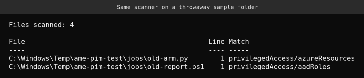 Scanner output flagging two files that call privilegedAccess aadRoles and azureResources