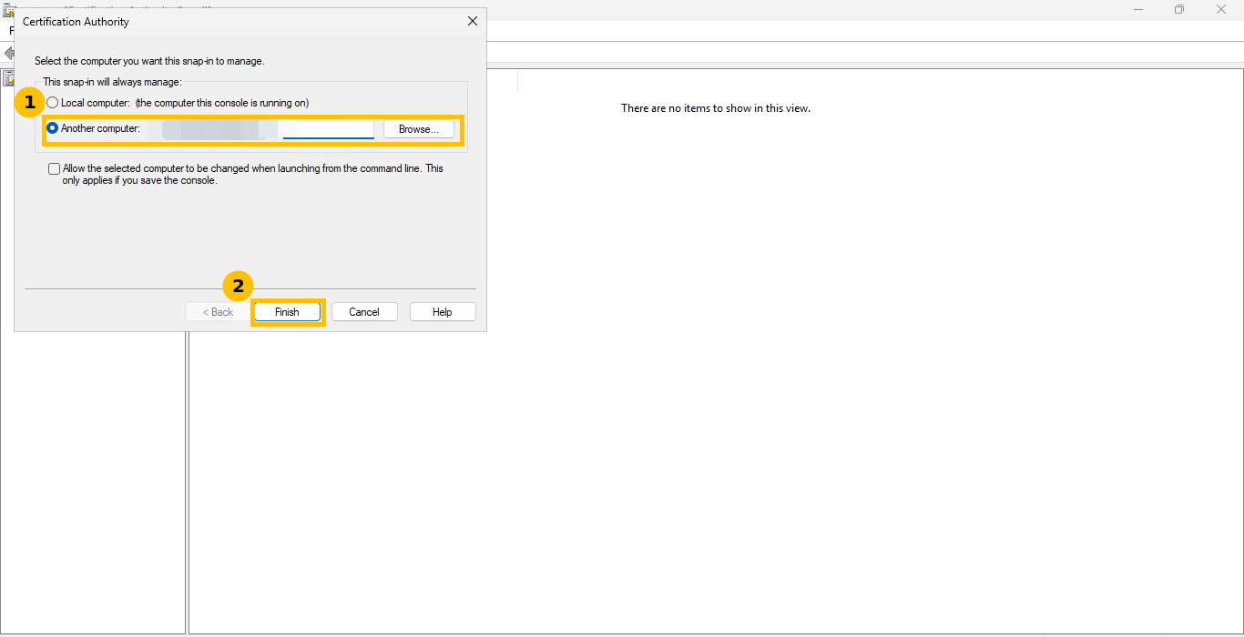 Retarget Certification Authority dialog with Another computer selected and the CA name typed