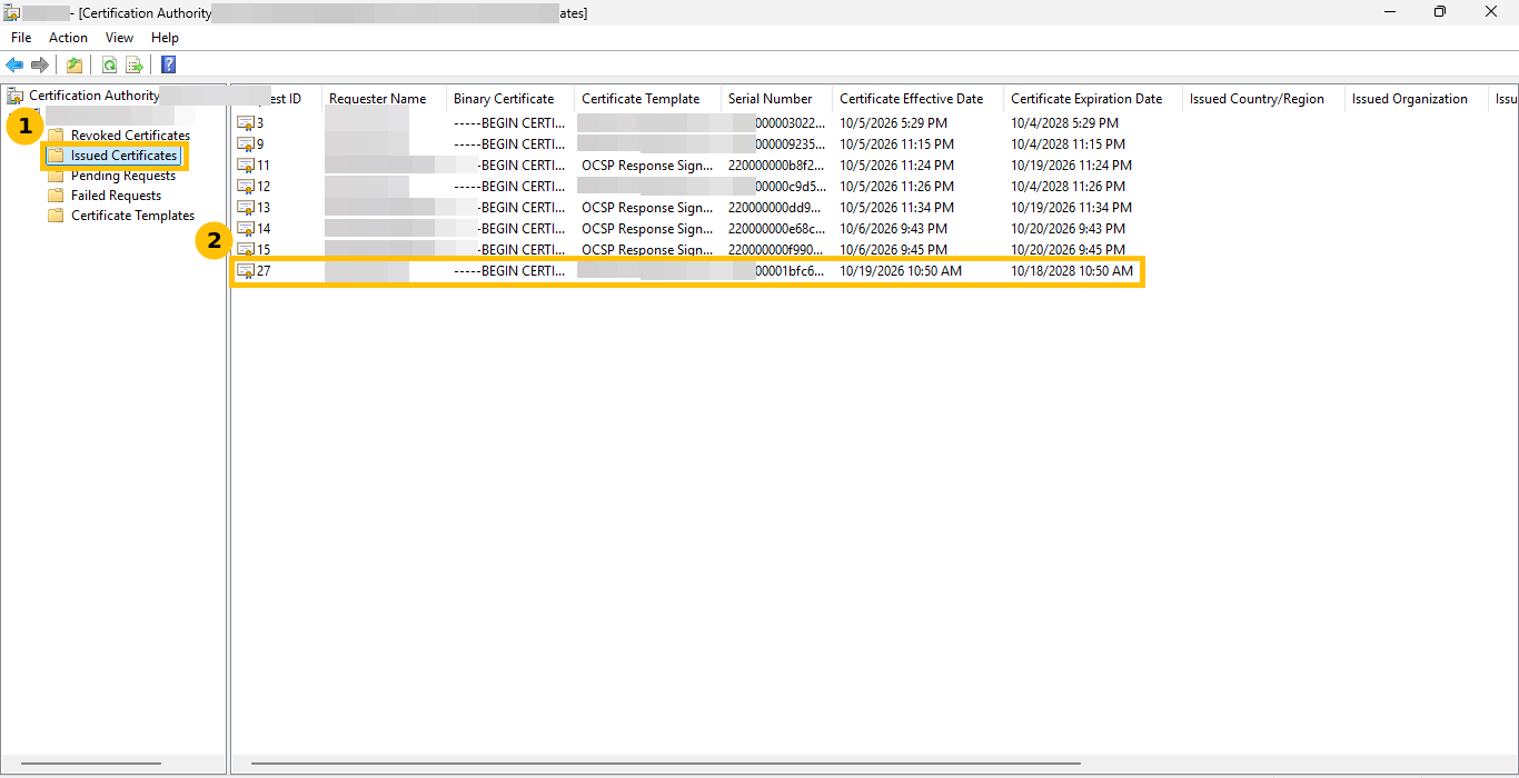 Issued Certificates folder in the Certification Authority console with request 27 as the newest row