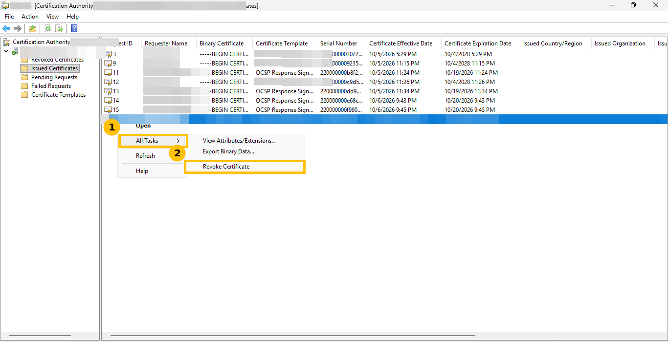 Right-click menu with All Tasks and Revoke Certificate highlighted