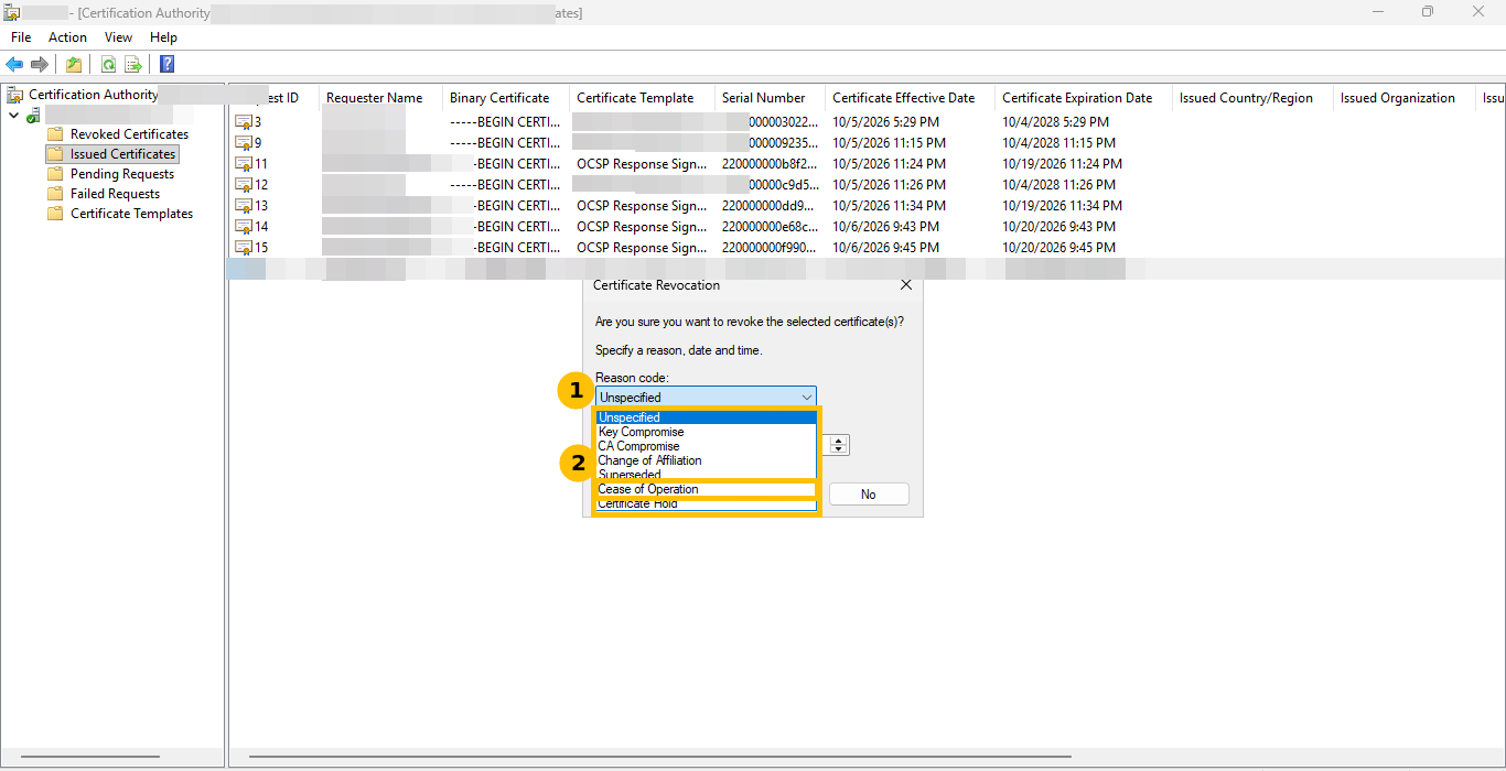 Certificate Revocation dialog with the reason code list open and Cease of Operation selected