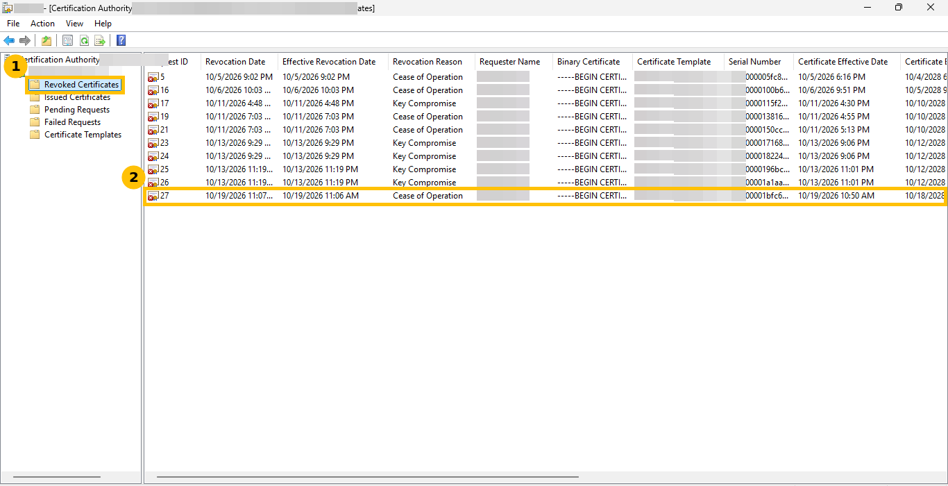 Revoked Certificates folder showing request 27 with reason Cease of Operation