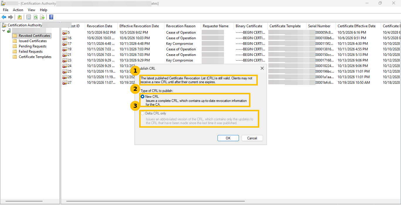 Publish CRL dialog warning that clients may not receive a new CRL until their current one expires