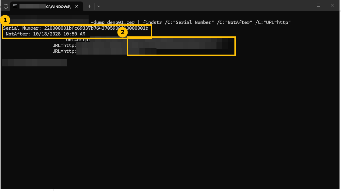 certutil -dump output filtered for serial number, NotAfter and URLs with the URLs pixelated