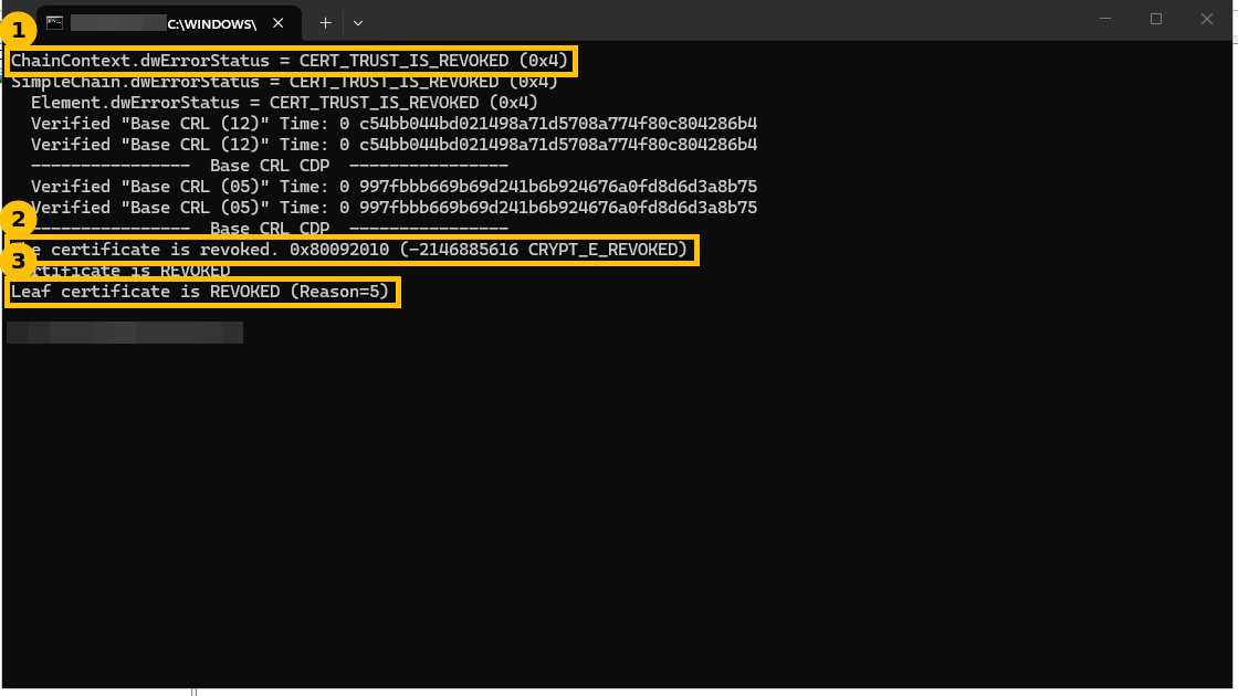 certutil verify output showing CERT_TRUST_IS_REVOKED and CRYPT_E_REVOKED with reason 5