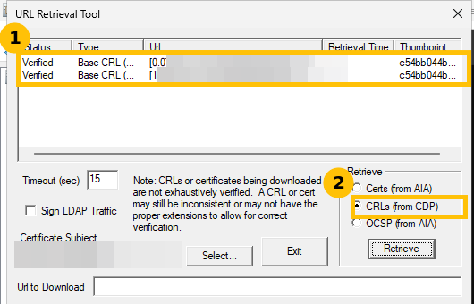 URL Retrieval Tool listing two verified CRL retrievals
