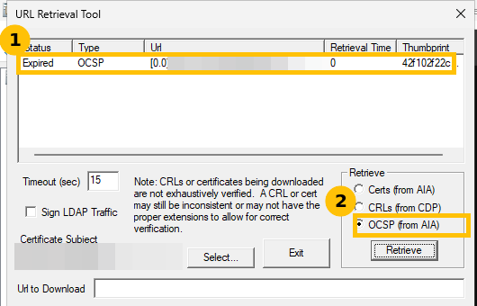 URL Retrieval Tool showing the OCSP lookup with status Expired