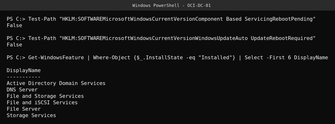 Real PowerShell output checking pending reboot registry keys and installed Windows Server roles