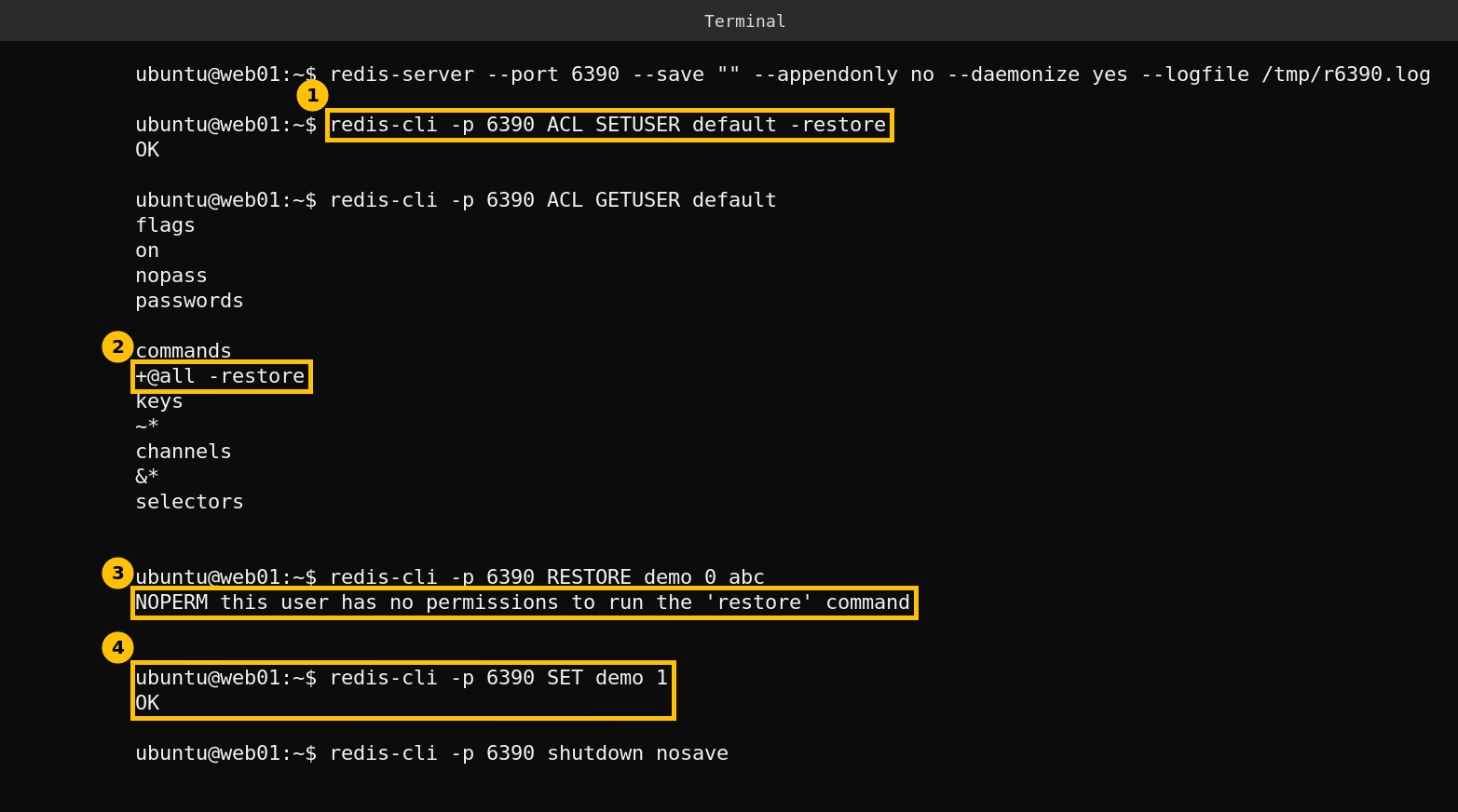 Terminal showing ACL SETUSER default -restore returning OK, the user commands now reading +@all -restore, RESTORE being refused with NOPERM and a normal SET still working