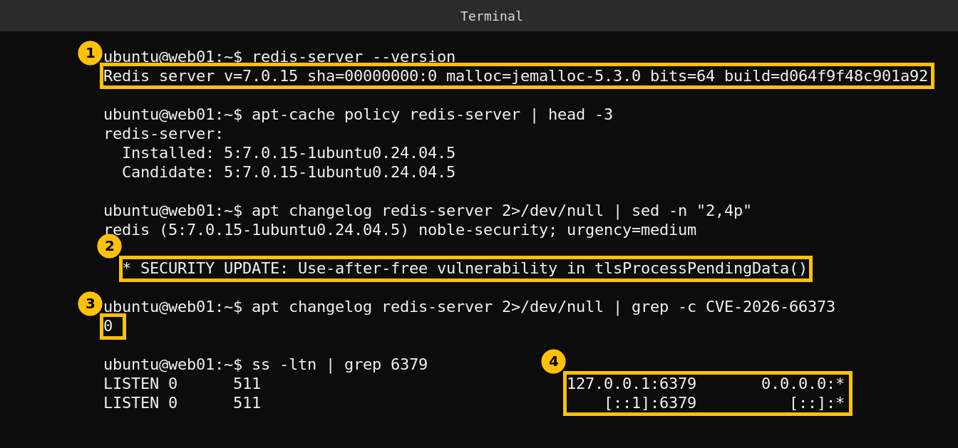Terminal showing redis-server 7.0.15 with Ubuntu package 5:7.0.15-1ubuntu0.24.04.5, a changelog with no CVE-2026-66373 and Redis listening on 127.0.0.1 and ::1 only