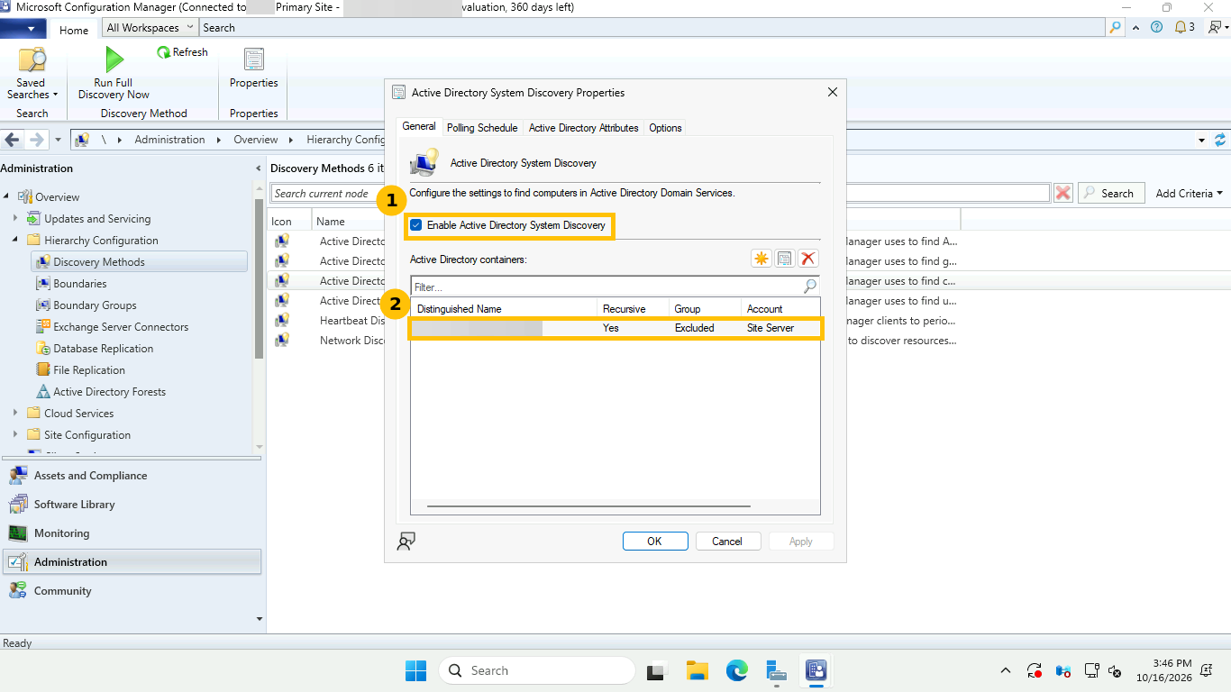 Active Directory System Discovery Properties General tab with the enable checkbox and the container row highlighted