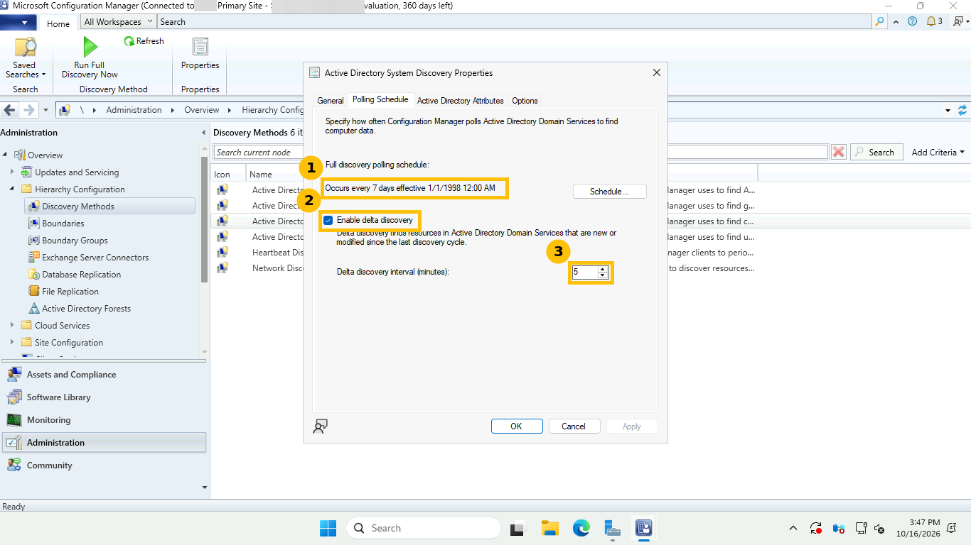 Active Directory System Discovery Properties Polling Schedule tab showing a full discovery every 7 days and delta discovery enabled every 5 minutes