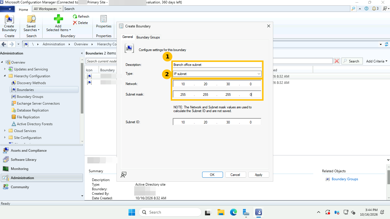 Configuration Manager Create Boundary dialog with callouts on the description and type fields and on the network and subnet mask fields