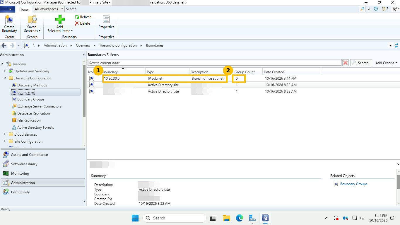 Configuration Manager Boundaries list showing the new 10.20.30.0 IP subnet boundary with Group Count 0