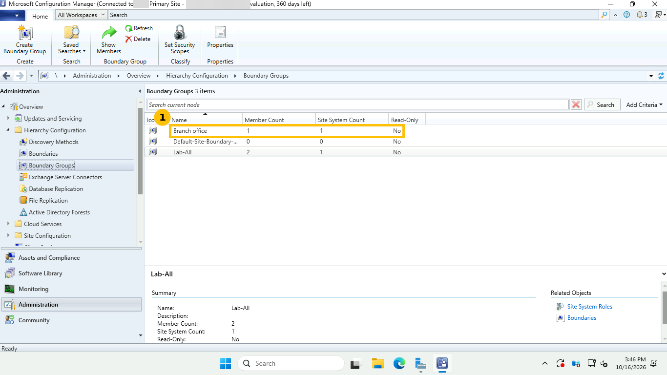 Boundary Groups list with the new Branch office group showing Member Count 1 and Site System Count 1