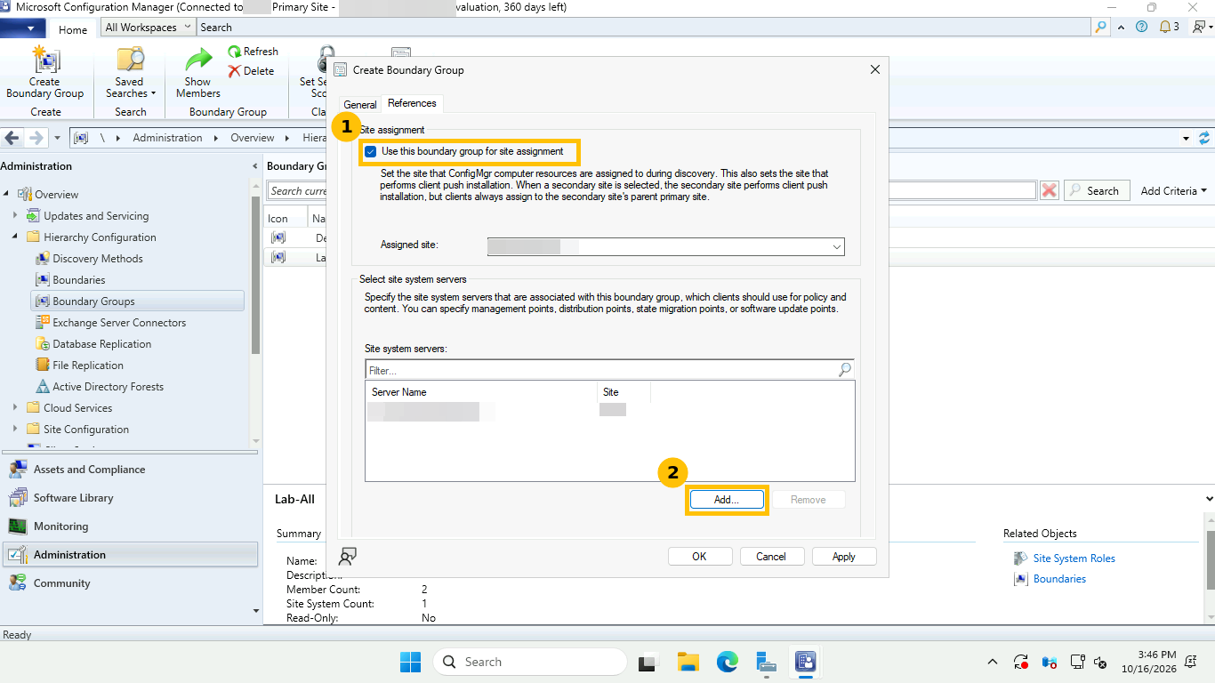 Create Boundary Group References tab with the Use this boundary group for site assignment checkbox and the Add button for site system servers highlighted