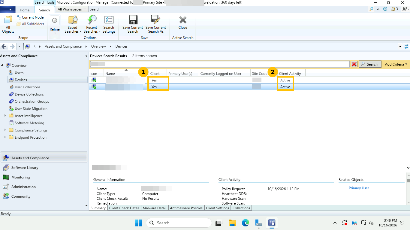 Assets and Compliance Devices search showing two domain controllers with Client Yes and Client Activity Active