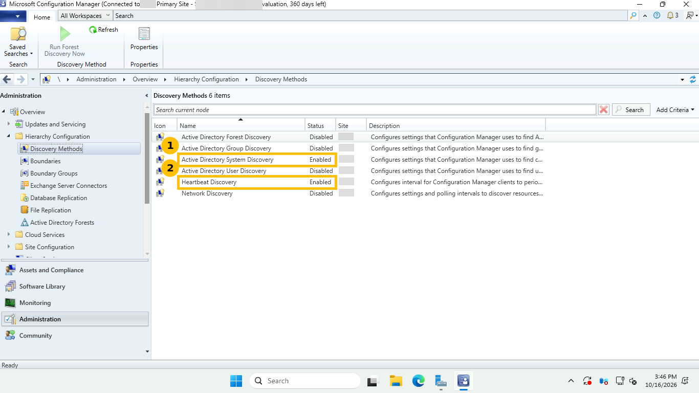 Configuration Manager Discovery Methods list with Active Directory System Discovery and Heartbeat Discovery marked Enabled and the rest Disabled