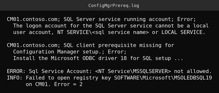ConfigMgrPrereq.log with the SQL service account error, the SQL client prerequisite missing error and the failed registry key for MSOLEDBSQL19