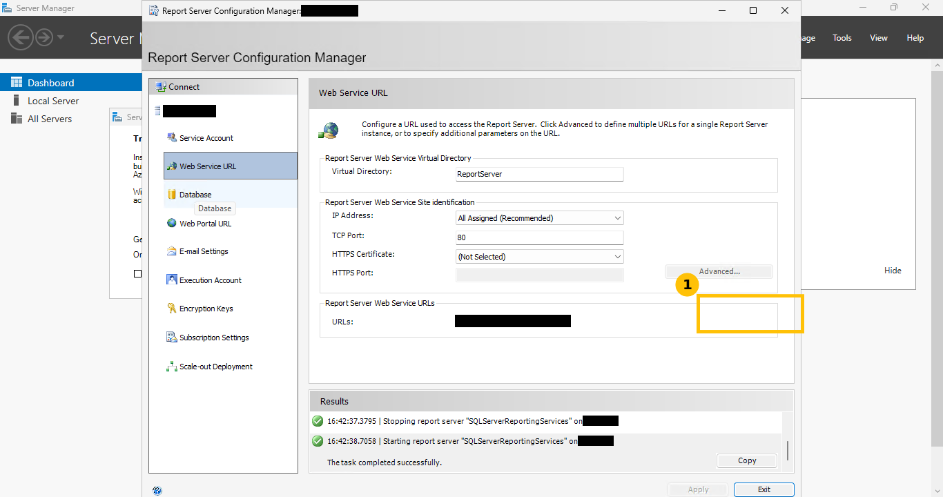 Real Report Server Configuration Manager showing the Web Service URL applied with default settings, virtual directory ReportServer