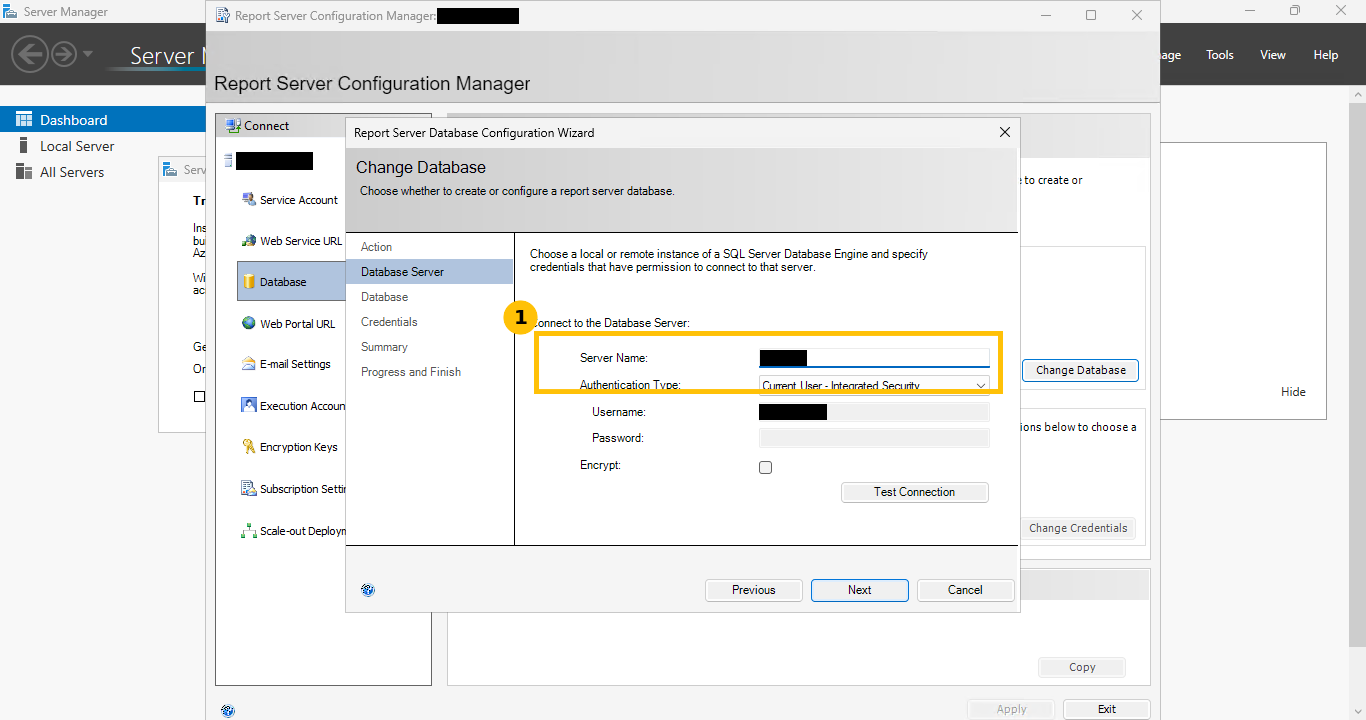 Real Report Server Database Configuration Wizard, Change Database step, pointed at the local SQL Server instance with current user integrated security
