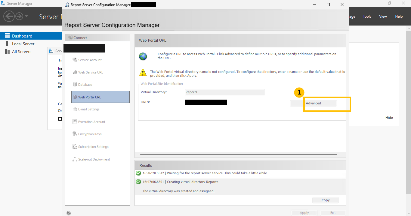 Real Report Server Configuration Manager, Web Portal URL applied, virtual directory Reports