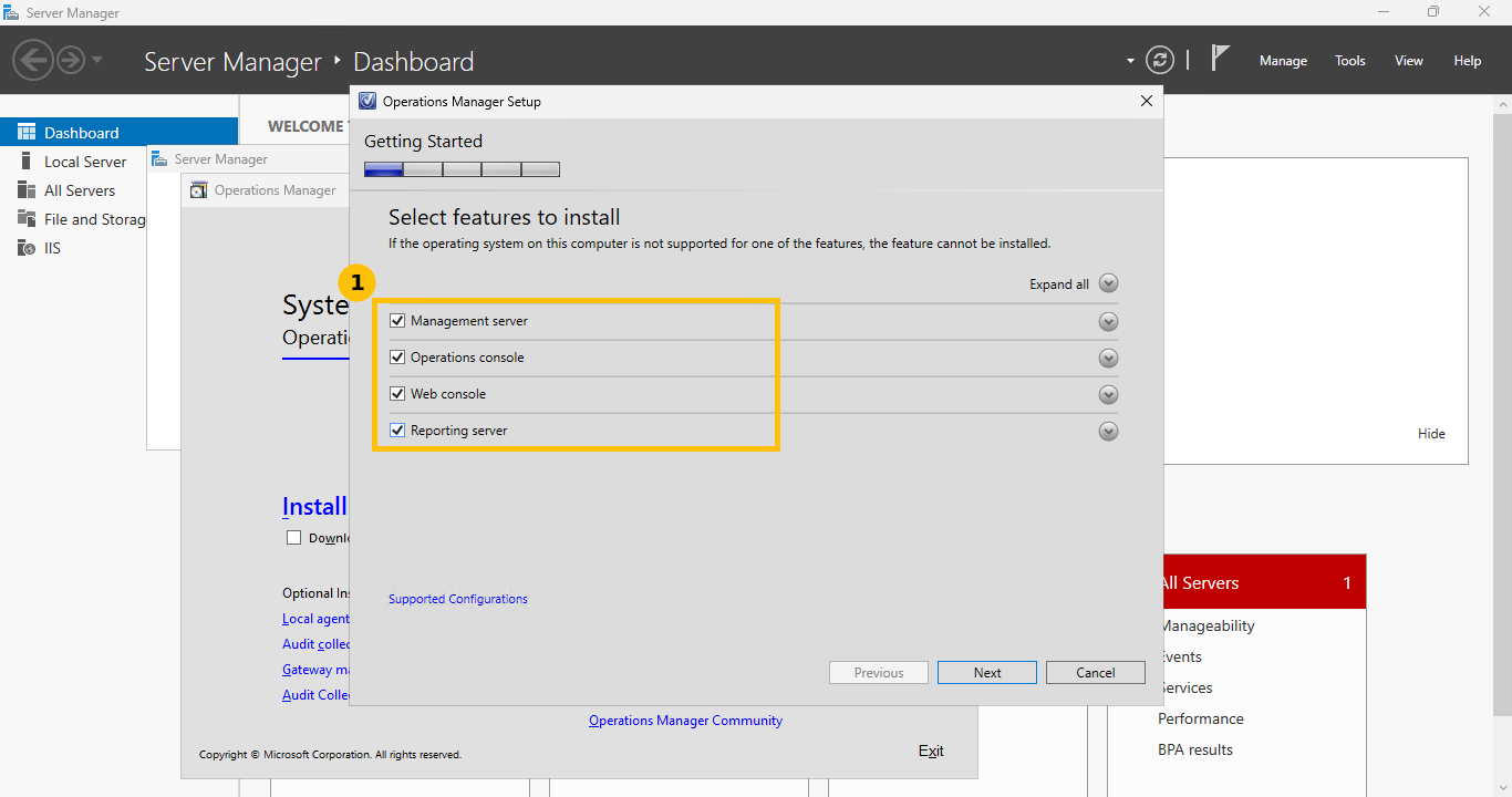 Real SCOM setup wizard, Select features to install page, Management server, Operations console, Web console, and Reporting server all checked