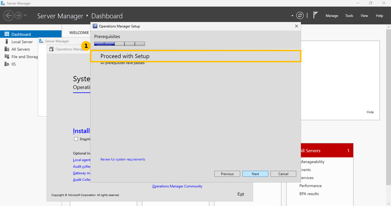 Real SCOM setup wizard prerequisite check, all prerequisites passed, Proceed with Setup