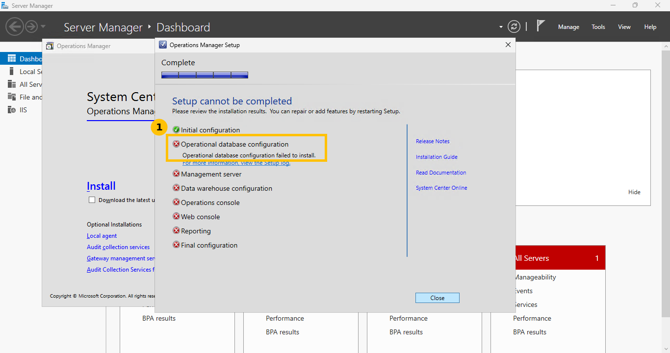 Real SCOM setup wizard showing Setup cannot be completed, Operational database configuration failed to install, with every subsequent step also failed as a result