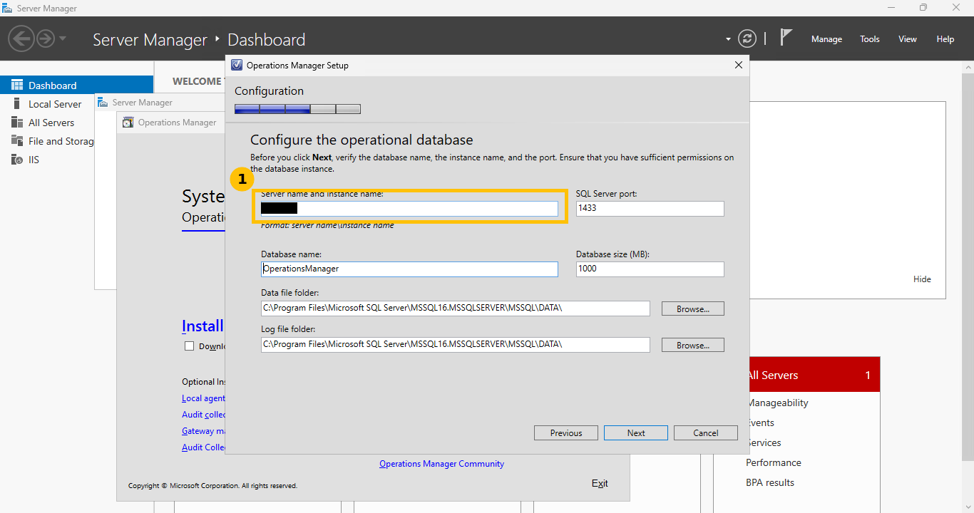 Real SCOM setup wizard, Configure the operational database page, server name and instance name field pointed at the local SQL Server