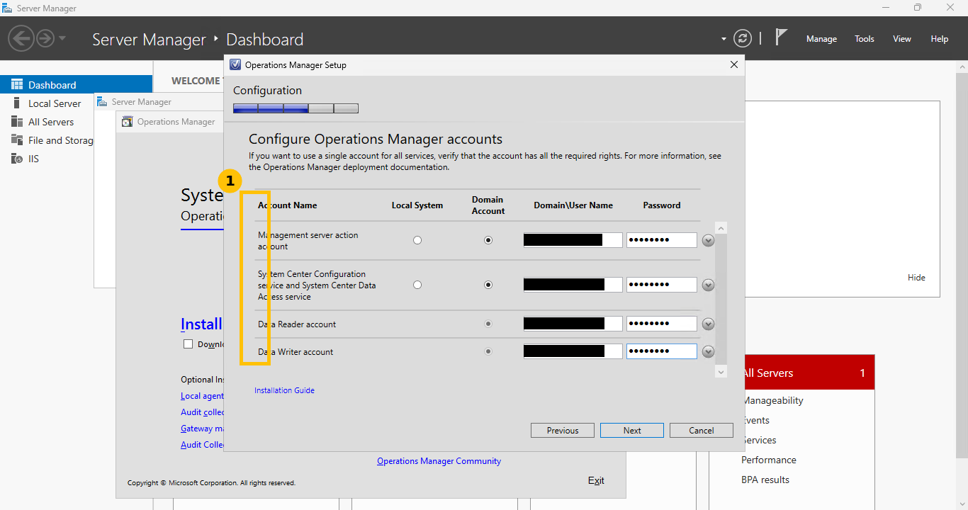 Real SCOM setup wizard, Configure Operations Manager accounts page, domain and password fields redacted, showing the account name rows for management server action account, data reader, and data writer