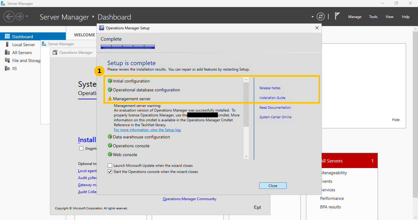 Real SCOM setup wizard, Setup is complete, all steps green with a management server warning about using Set-SCOMLicense to license the evaluation version