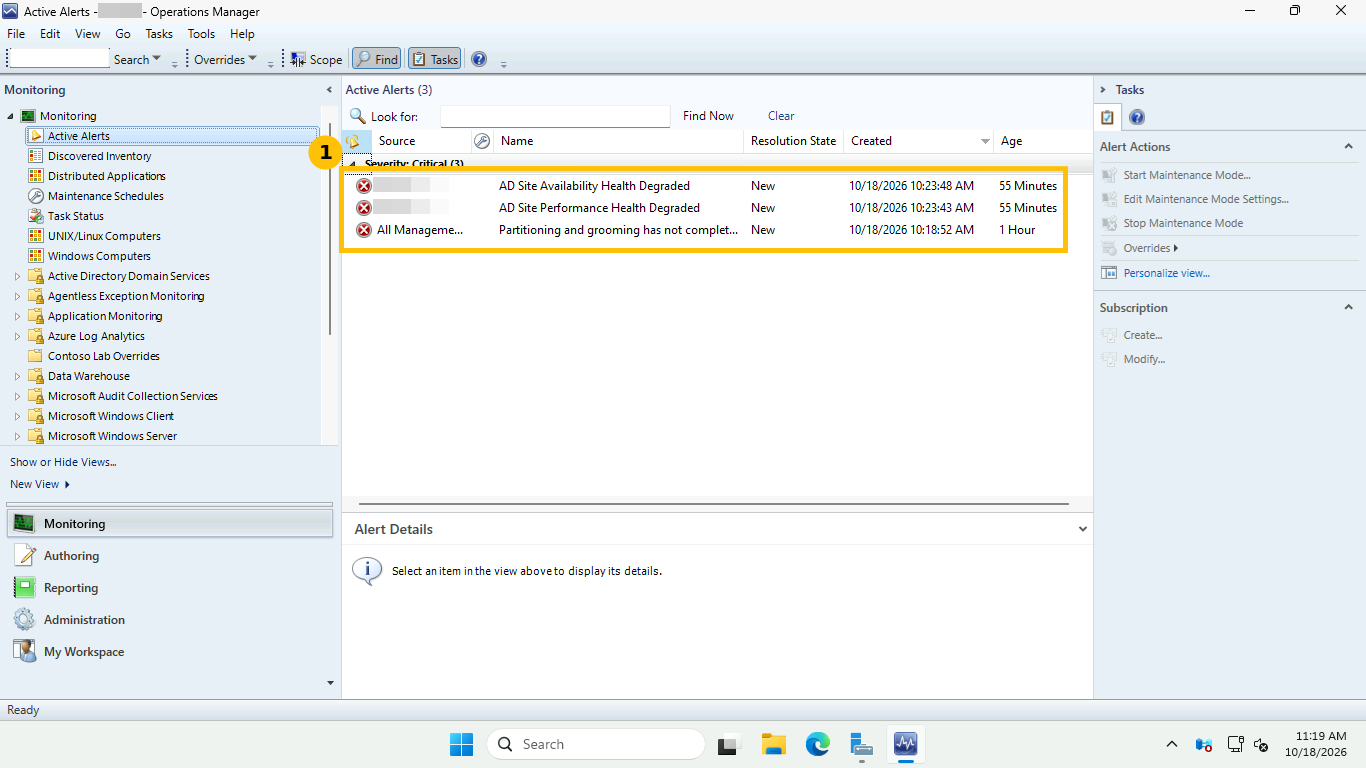SCOM Active Alerts showing the three remaining alerts after the fixes