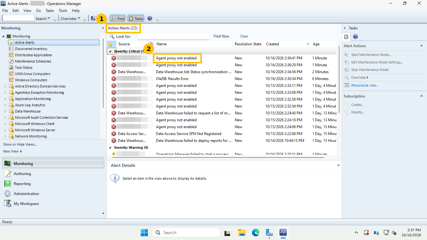 SCOM Operations console Active Alerts view showing 22 alerts, many of them Agent proxy not enabled, at 2:37 PM
