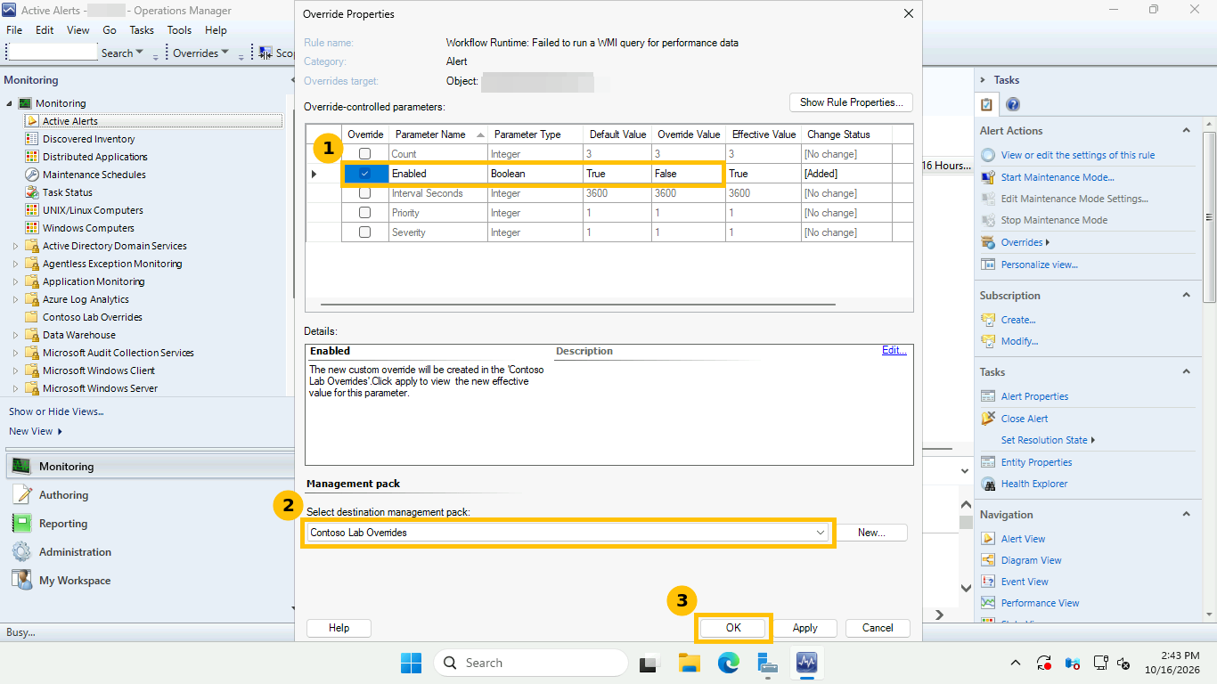 SCOM Override Properties dialog for the rule Failed to run a WMI query for performance data with Enabled overridden to False and destination pack Contoso Lab Overrides selected