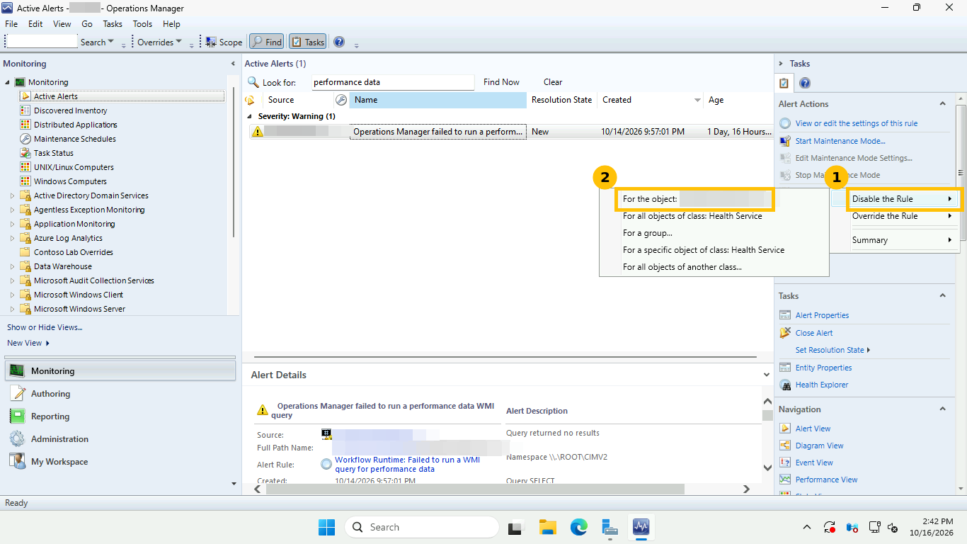 SCOM Overrides menu with Disable the Rule submenu showing five scope choices, For the object highlighted