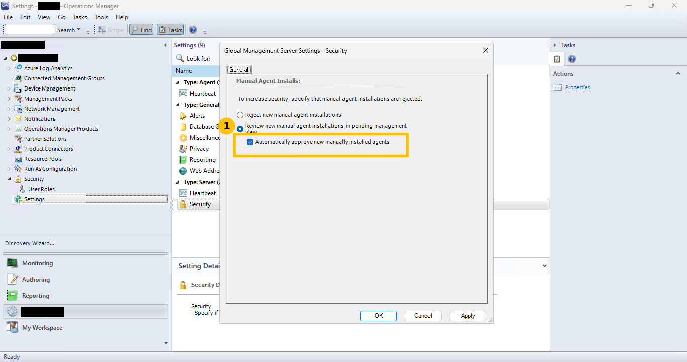 Real Global Management Server Settings Security dialog, Automatically approve new manually installed agents checkbox ticked